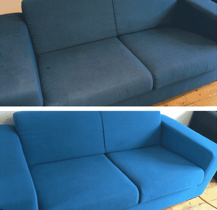 Two pictures of a blue couch before and after cleaning.