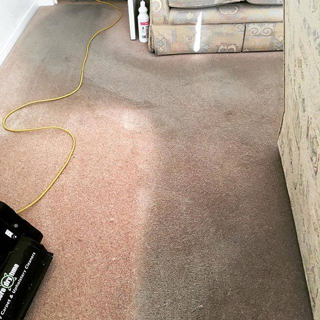 A living room with a carpet being cleaned with a vacuum.