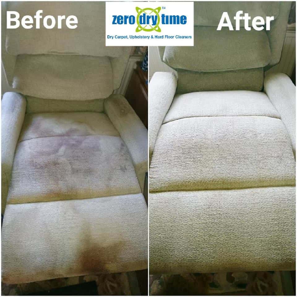 Before and after pictures of a recliner cleaning.