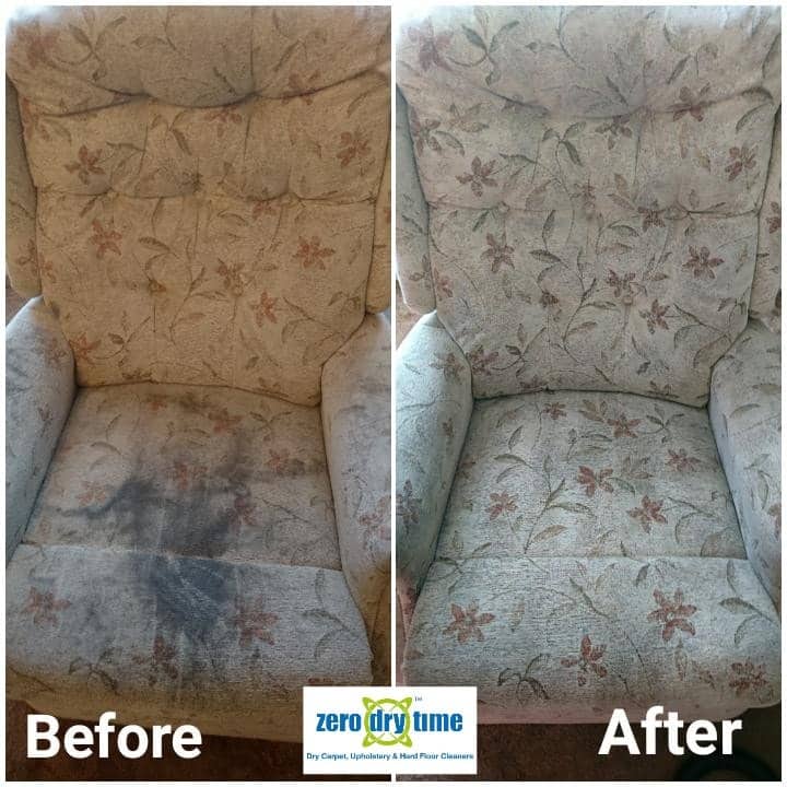 Before and after pictures of cleaning a recliner.