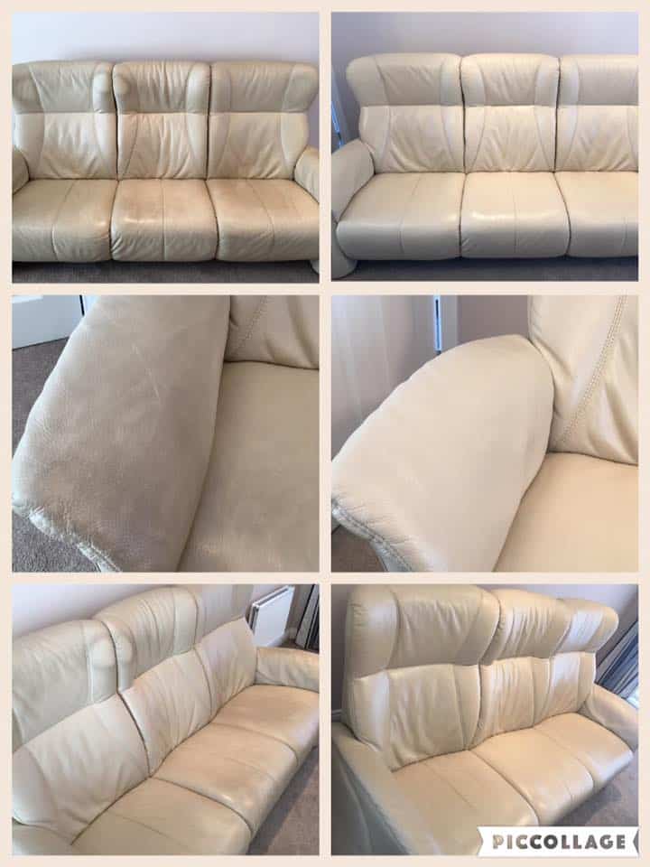 A series of photos showing how to clean a leather sofa.