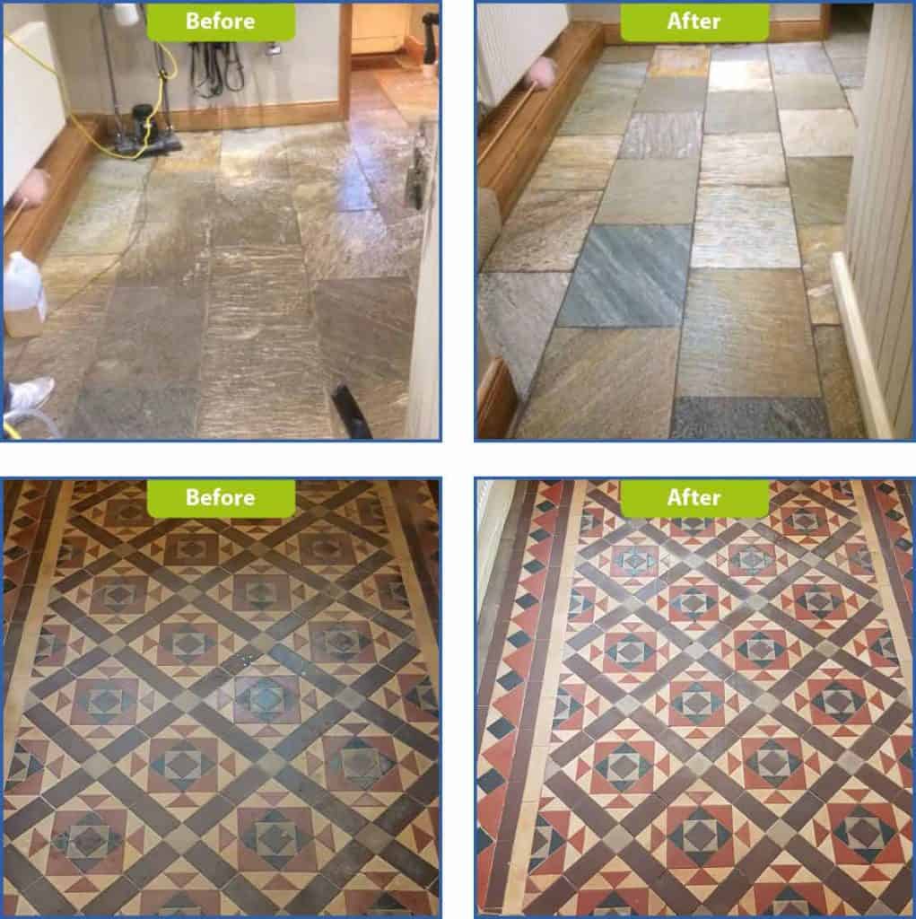 Before and after pictures of a tiled floor.