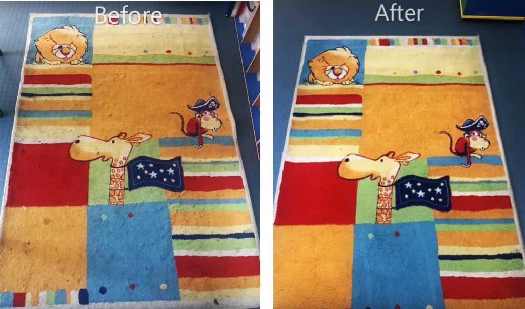 Before and after pictures of a children's rug.