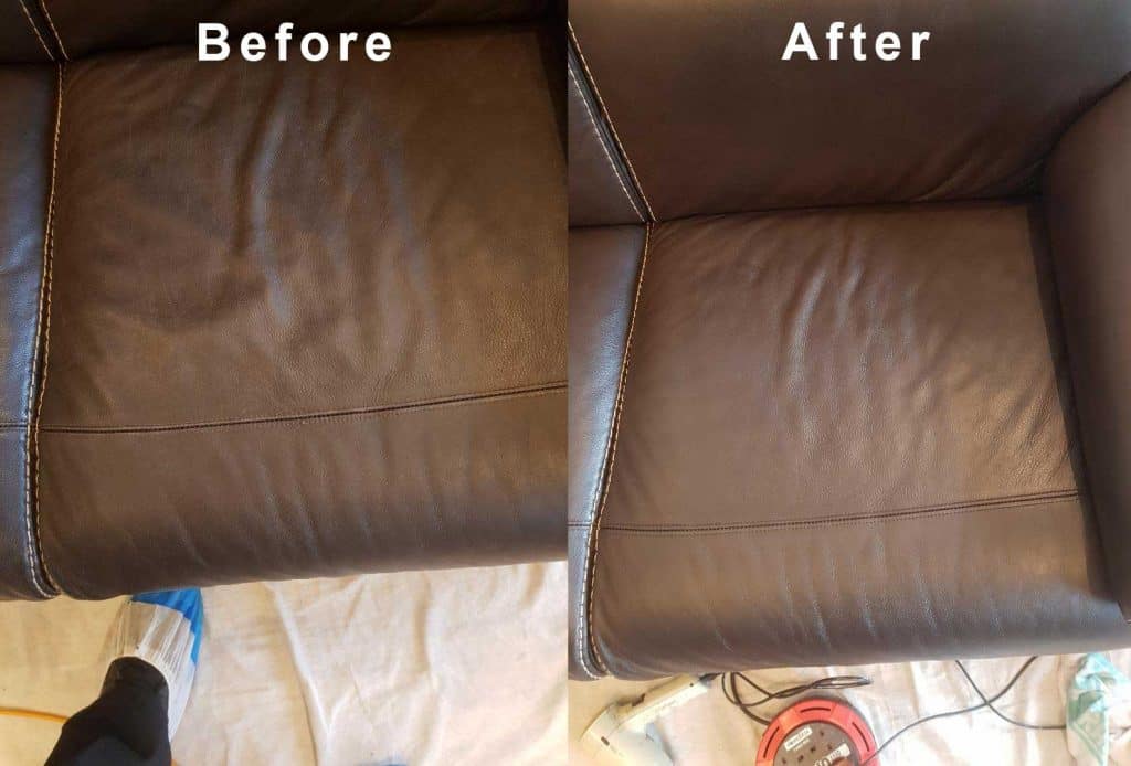 Before and after images of a leather chair being cleaned.