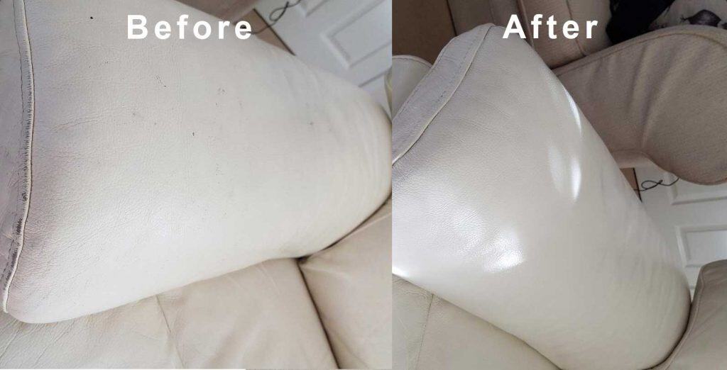 Before and after pictures of a white couch.