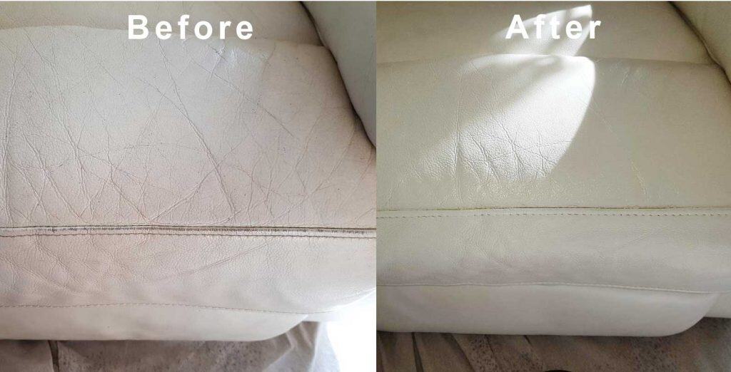Before and after pictures of a leather couch.