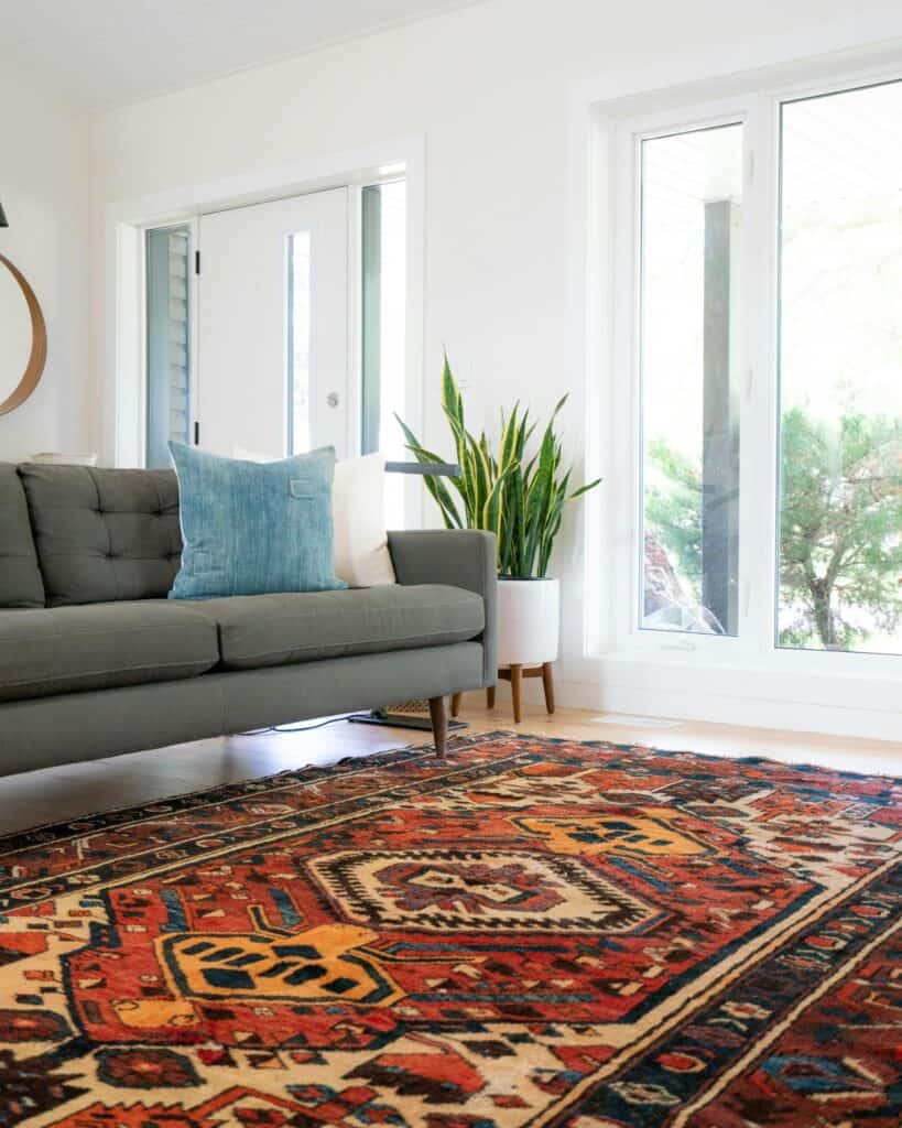 Zero Dry Time A modern living room with a gray sofa, blue cushion, potted plant, large patterned rug, and floor-to-ceiling windows letting in natural light.