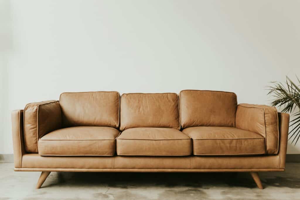 Zero Dry Time Tan leather three-seat sofa with wooden legs is placed against a plain white wall on a concrete floor, with a leafy plant partially visible on the right.