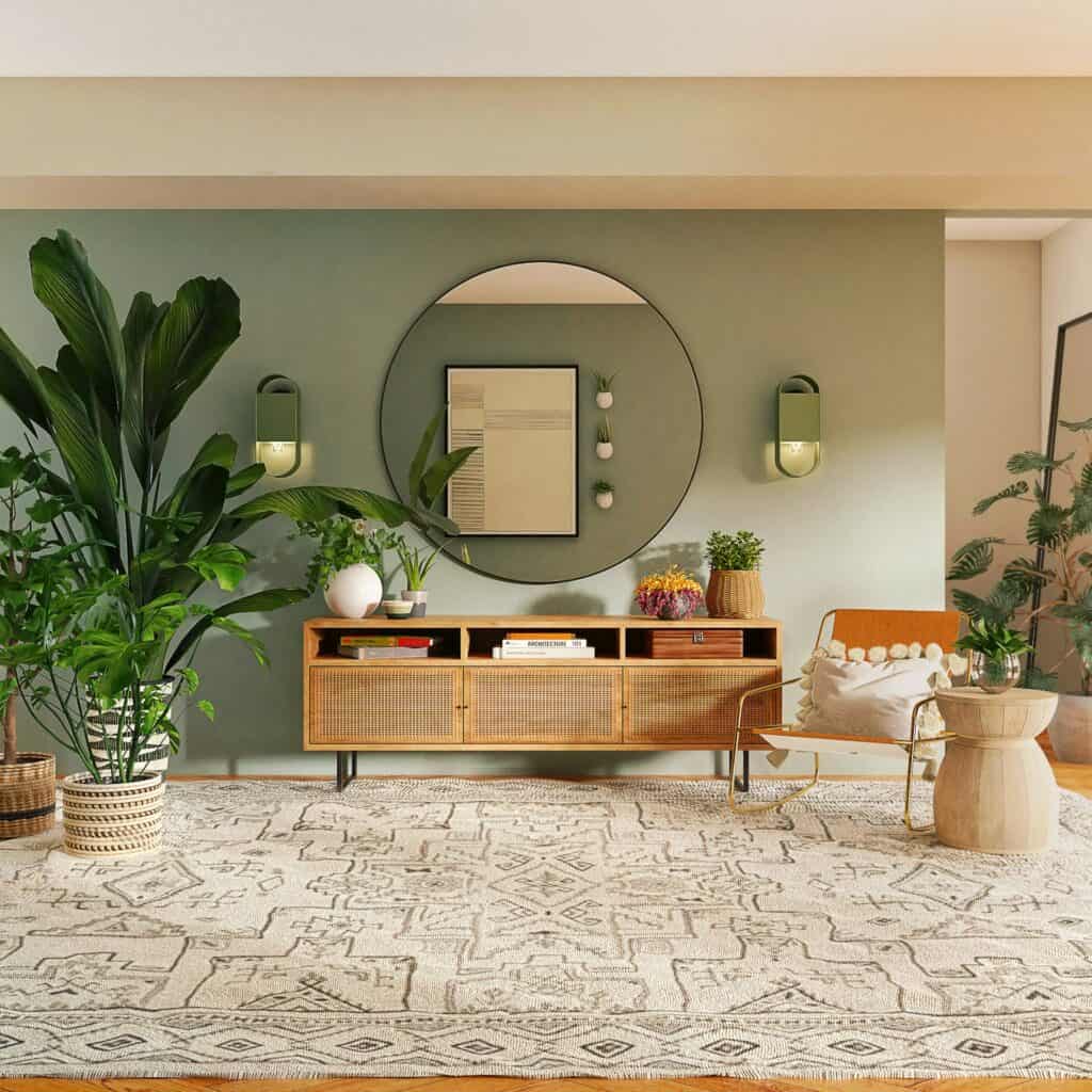 Zero Dry Time Modern living room with green accent wall, large round mirror, rattan sideboard, potted plants, woven chair, neutral patterned rug, and soft lighting.